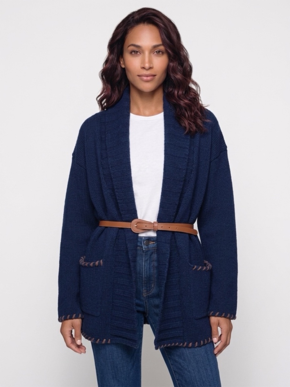 NWT Tuckernuck Navy and Brown Blanket Stitch Harrow Cardigan Size S